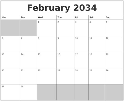 February 2034 Blank Printable Calendar