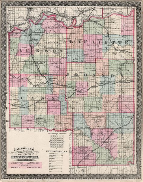 Cass Henry Jackson Johnson And Lafayette Counties Missouri Campbells 1872 Historic Map Reprint
