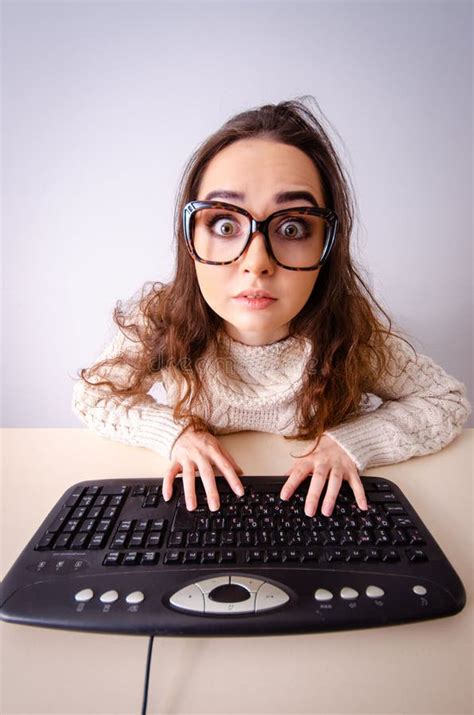 The Funny Nerd Girl Working On Computer Stock Image Image Of Computer
