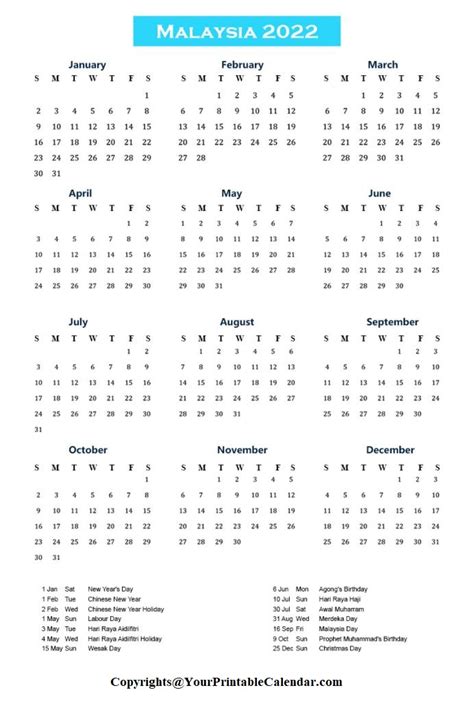 Malaysia 2022 Calendar Your Printable Calendar