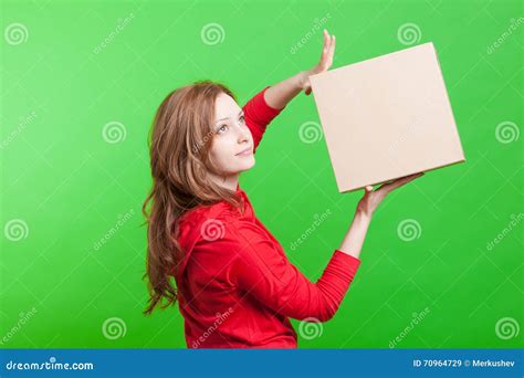 Woman Holding Cardboard Box On Green Background Stock Image Image Of