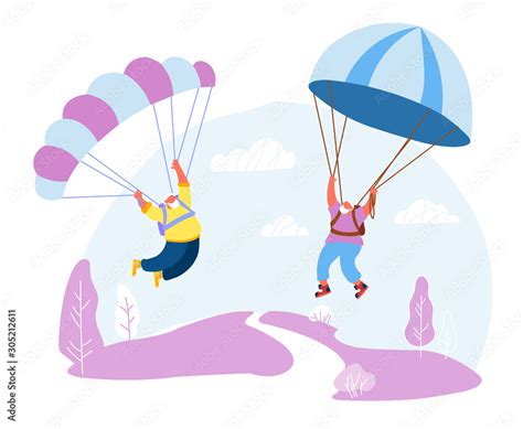 Senior White Haired Men Skydivers In Sports Wear Uniform Floating In Sky With Chutes Happy Aged
