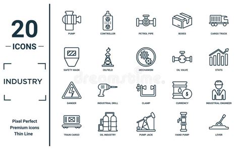 工业线性图标集 包括薄线工具箱燃料站起重机泵工业钻具工业胎面图标 向量例证 插画 包括有 装箱 布琼布拉 207077759