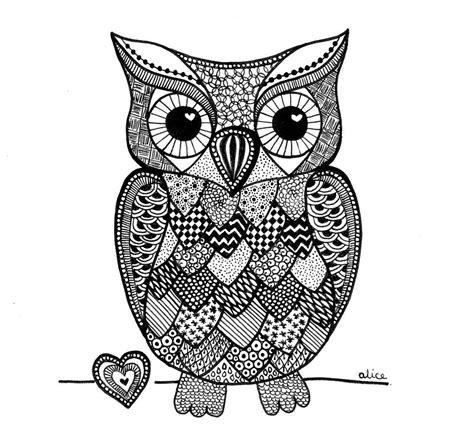 Blackandwhite Zentangle Inspired Owl With Heart By Alice Gerfault Owl