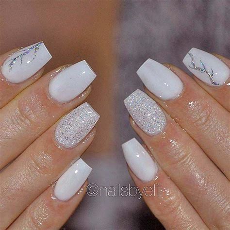 Short White Coffin Glitter Shaped Acrylic Nails Tips Color Short