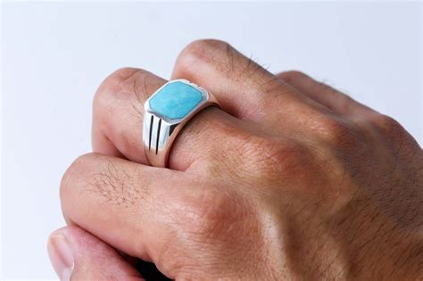 925 Sterling Silver Mens Square Turquoise Classic Style Solid Band Ring Silvermania925