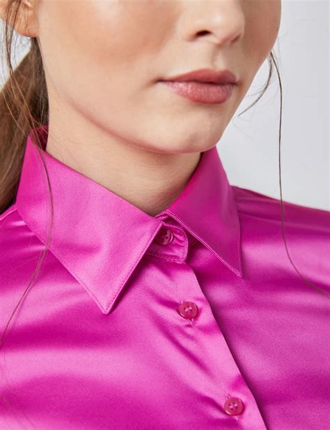 Womens Hot Pink Fitted Satin Shirt Single Cuff Hawes And Curtis