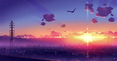 Wallpaper Sunlight Sunset City Anime Reflection Sky Clouds
