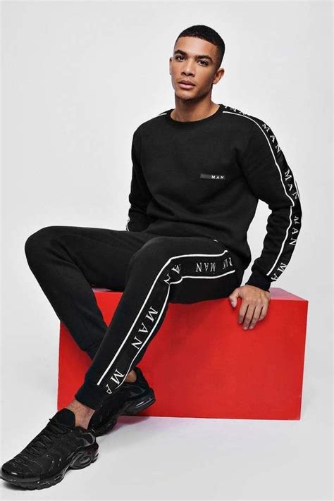 Boohoo Man Sport Sweater Tracksuit With Taping Mens Athletic Leggings