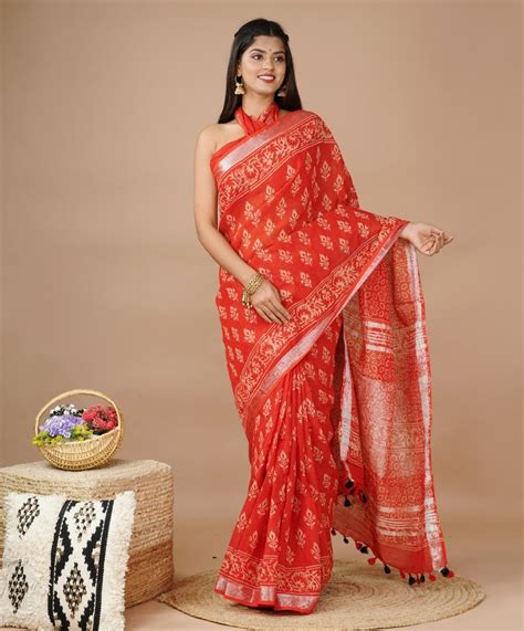 shivanya handicrafts women s linen hand block printed saree with blouse piece cl 046 at rs 650