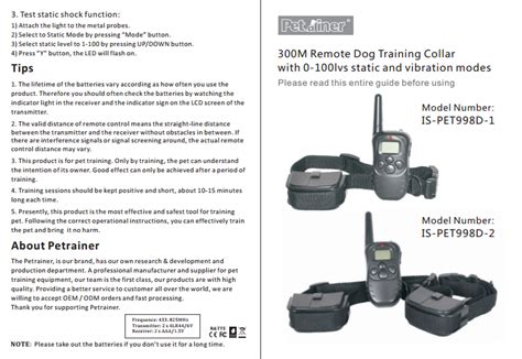 Shock collars are an essential training tool and finding the best shock collar for your dog is simple with the help the different types of shock collars. Petrainer PET998D Remote Dog Training Collar User Manual ...