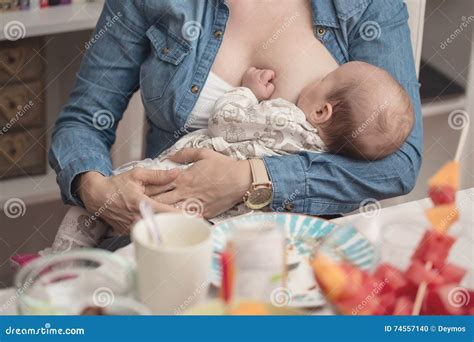 Mother Breastfeeding Her Newborn Baby Girl Stock Photo Image Of Body