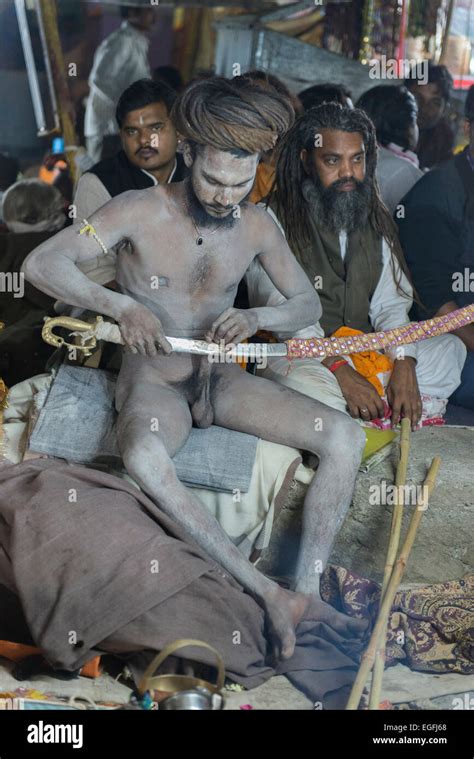 Naga Sadhu With Penis Around Sword Shivratri Bhavnath Mela Stock