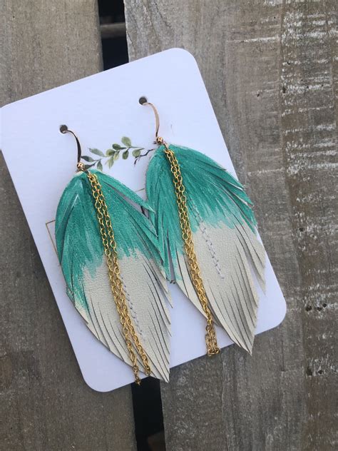 Handmade Hand Painted Real Leather Feather Earrings