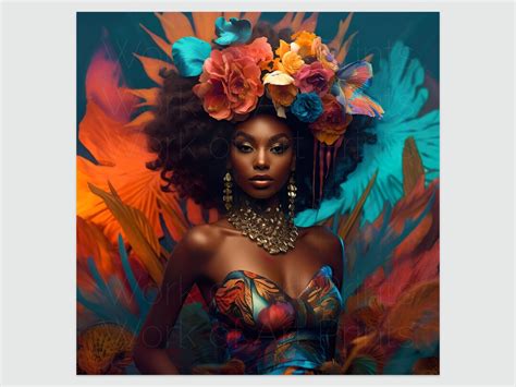 African American Art Work Dark Skin Woman Flowers In Hair Fierce Makeup Gold Jewelry African