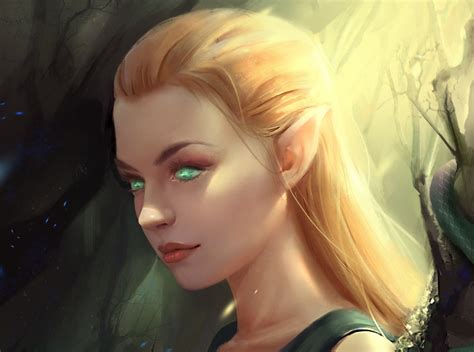 Fantasy Elf Woman Girl Green Eyes Blonde Pointed Ears Face Wallpaper Elf Art Female Elf
