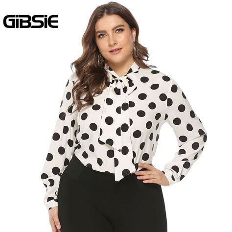GIBSIE Bow Tie Neck Polka Dot Blouse Shirt Women Plus Size Long Sleeve