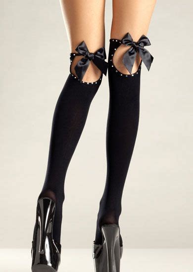 Opaque Black Thigh Highs With Rhinestone Studded Keyhole Back And Satin