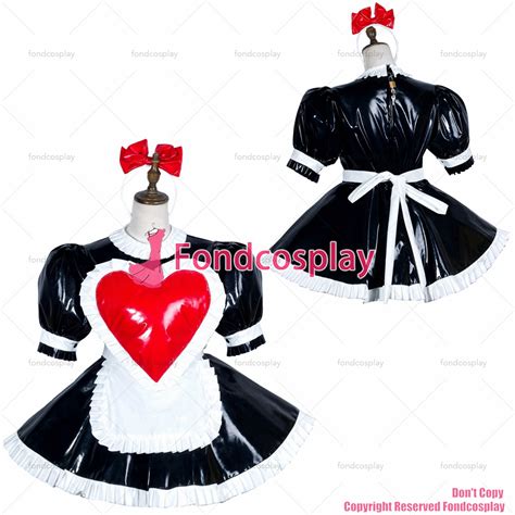 Fondcosplay Adult Sexy Cross Dressing Sissy Maid Black Heavy Pvc Heart Dress Lockable Uniform