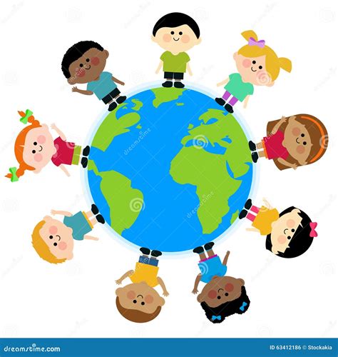 Group Of Children Standing Around The Planet Earth Vector Illustration