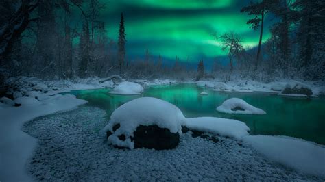 Snow Covered Aurora Borealis River During Nighttime Hd Winter