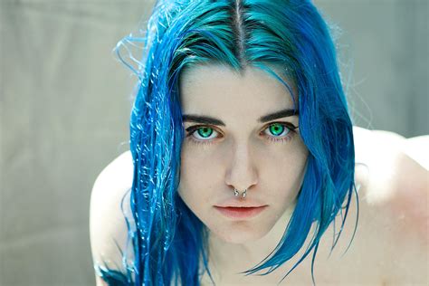 Wallpaper Face Model Dyed Hair Nose Rings Blue Hair