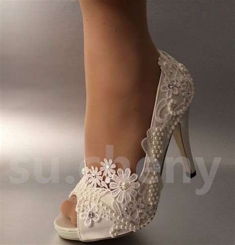34 Heel Satin White Ivory Lace Pearls Open Toe Wedding Shoes Bride