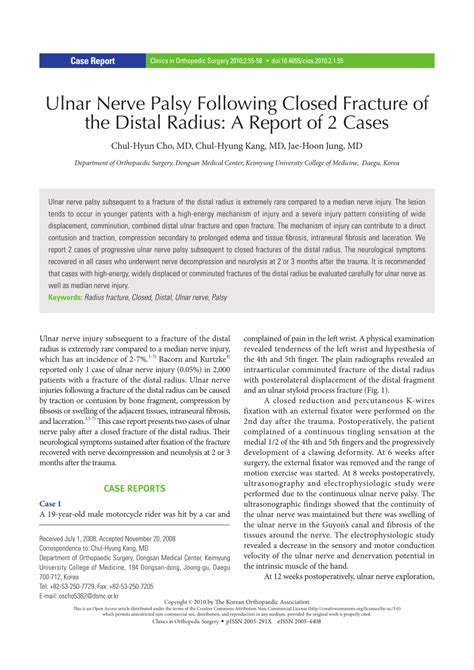 Pdf Ulnar Nerve Palsy Following Closed Fracture Of The Distal Radius