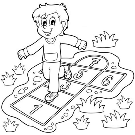 Descarga ahora la ilustración libro para colorear niños jugando rayuela. Rayuela: dibujo para colorear