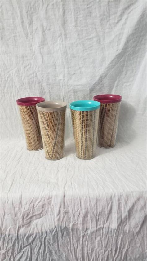 Vintage Raffia Ware Tumblers Set Of 4 Straw Weave Plastic Cups Retro Raffia Glasses Etsy