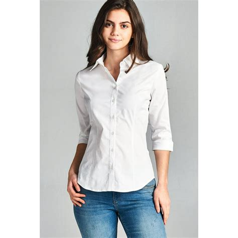 Clothingave Clothingave Women S 3 4 Sleeve Stretch Button Down Collar Shirt White Large
