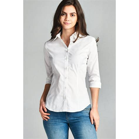 clothingave clothingave women s 3 4 sleeve stretch button down collar shirt white large