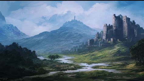 A Painting Of A Castle In The Middle Of A Mountain Range With A River
