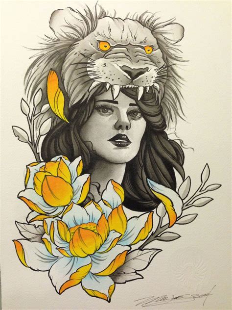 Lion Headress And Flowers Girl Arm Tattoos Flower Tattoo Sleeve