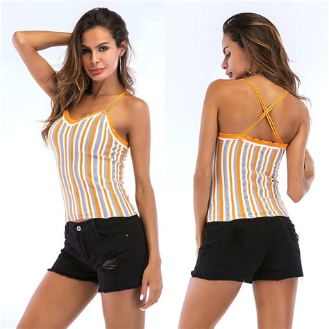 Ytnmyop Summer New V Neck Tanks Tops Striped Color Matching Knit Women S Vest Knit Camisole
