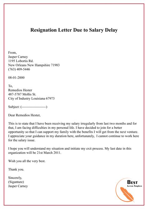 Resignation Letter Template For Salary Format Sample Example