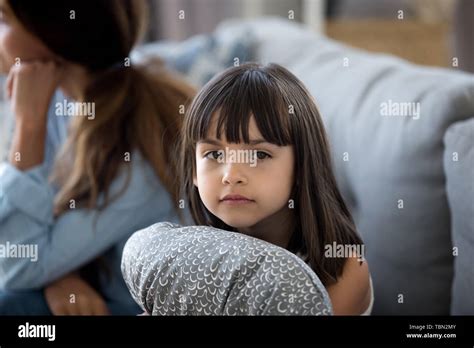 Upset Little Girl Hug Pillow Lack Mom Attention Stock Photo Alamy