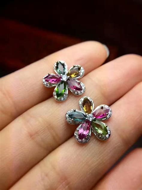 Natural multicolor tourmaline stud earrings 925 silver natural gemstone
