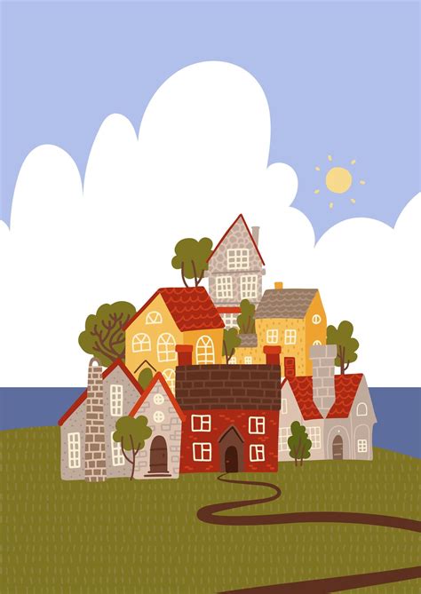 Funny Cartoon Town By The Sea Cozy Houses And Trees Stacked Flat