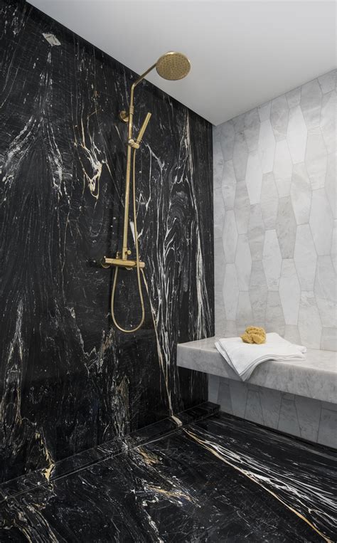 Zebrino Black Marble Shower With Gold Plumbing Black Marble Bathroom