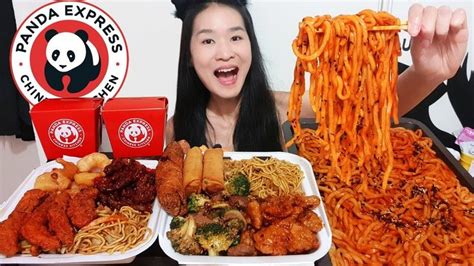 Extremely Spicy Udon Noodles And Panda Express Feast Orange Chicken Chow Mein Chinese Food