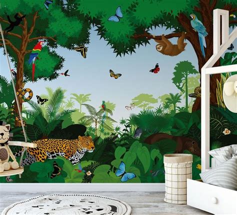 Tropical Jungle Nursery Wall Mural Forest Wild Life Kids Room Etsy