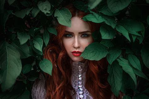 767588 George Chernyadev Nadezhda Neyasova Lips Glance Foliage Redhead Girl Face Rare