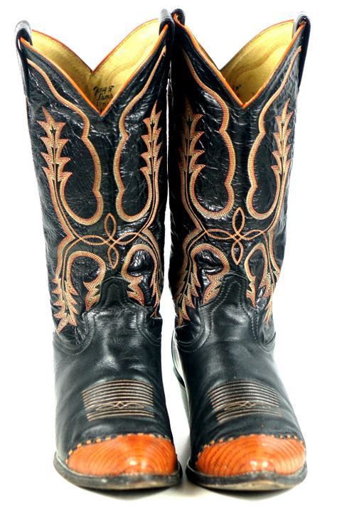Tony Lama Black Leather Cowboy Boots Pumpkin Wingtip Vintage Us Made