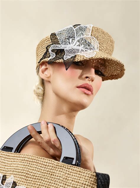 misa harada hats aria asymmetric cap in maraca straw with black and white 3d applique
