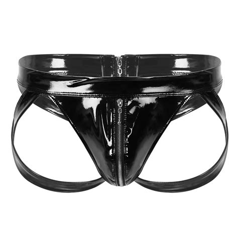 Sexy Men Underwear Wetlook Patent Leather Briefs Open Butt Hollow Out