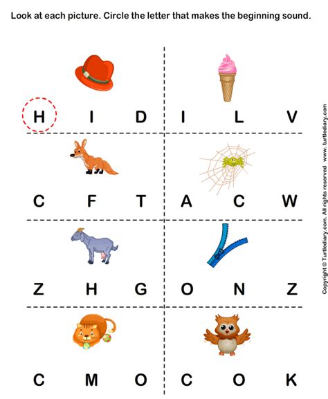 Short vowels and hard consonant practice exercises. Beginning Sounds H I F W G Z C and O Worksheet - Turtle Diary
