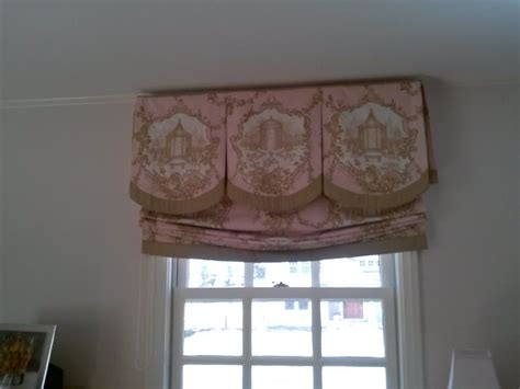 Gorgeous Pink Toile Print Scalloped Box Pleated Valance With Relaxed Roman Custom Window
