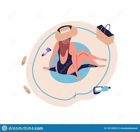 cartoon single woman sunbathing sitting on beach blanket in bikini swimsuit tanning girl back