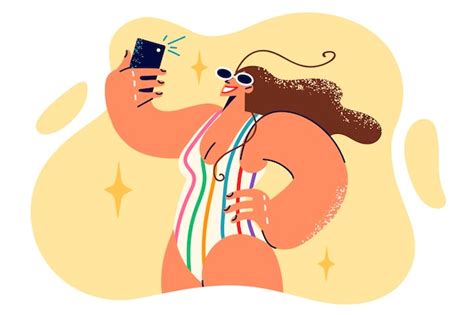 Premium Vector Woman In Swimsuit Taking Selfie Or Video Call On Phone While Relaxing In Hot Resort